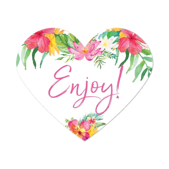 Tropical Floral Garden Party Wedding, Heart Label Stickers, Enjoy!, 75-Pack, Destination Wedding Miami Decorations