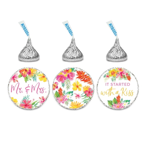 Tropical Floral Garden Party Wedding, It Started With A Kiss Chocolate Drop Label Stickers Trio, 216-Pack