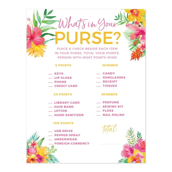 Tropical Floral Garden Party Wedding, What's in Your Purse? Bridal Shower Game Cards, 20-Pack
