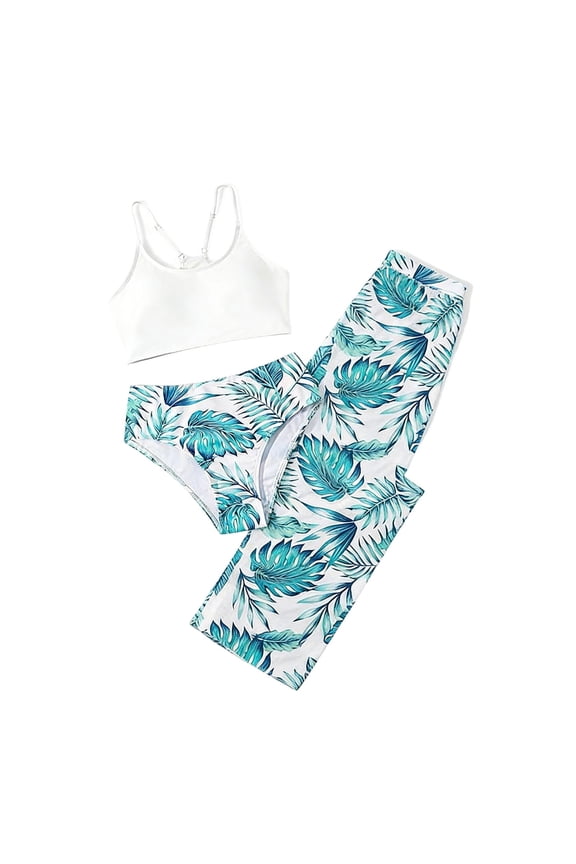 Tropical Floral Girls Swimwear Bikini with Cover Up and Bottoms Two Piece Beach Outfit for Teen Girls Hawaiian Print Spaghetti Sleeveless Bikini Mint Green 15 Years-16 Years