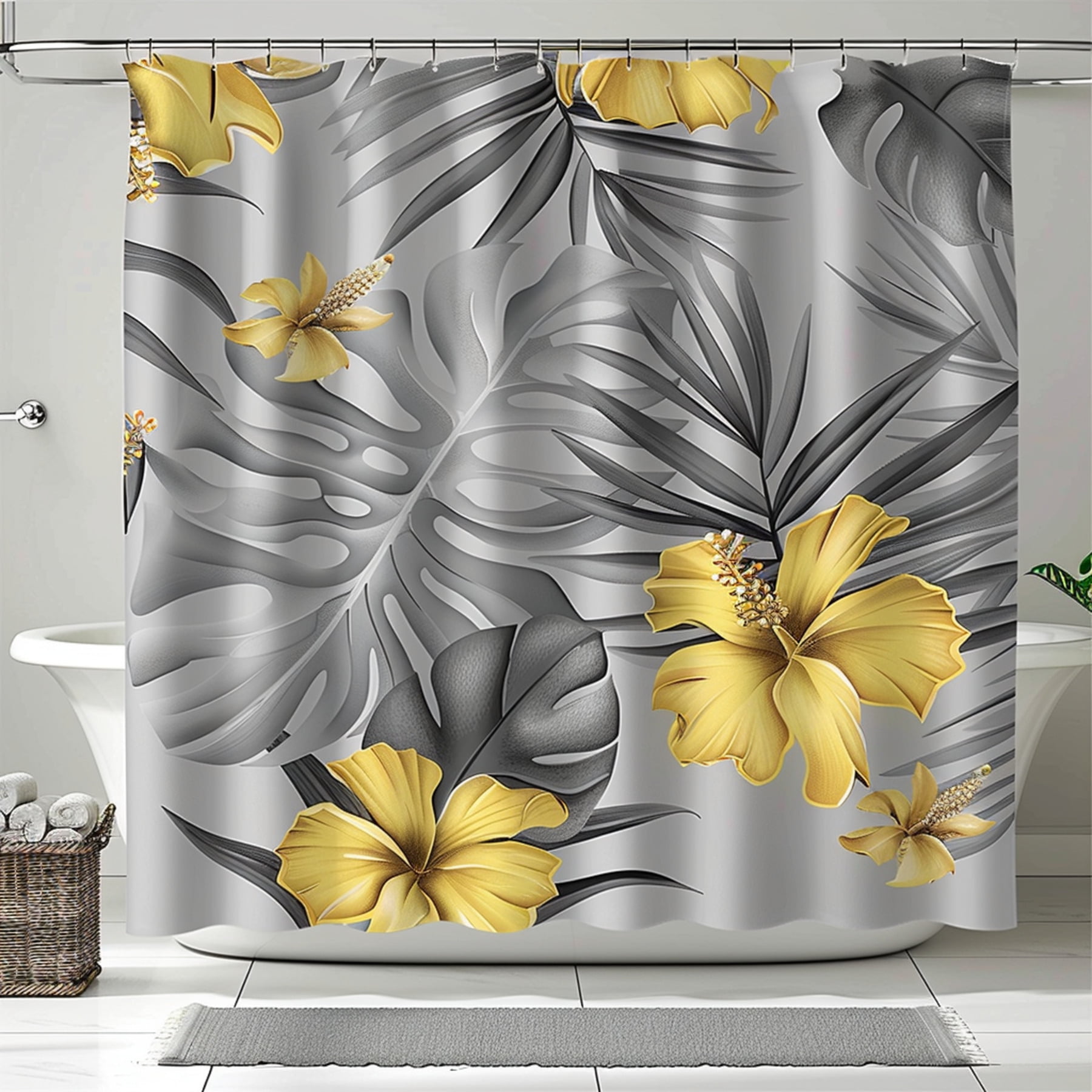 Tropical Floral Gray and Yellow Shower Curtain with Monstera Plant and Hibiscus Flower Boho