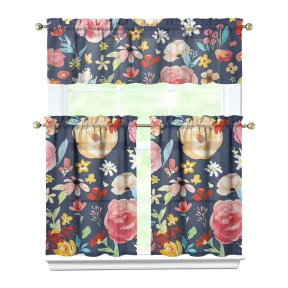 Tropical Floral Kitchen Curtains 3-Piece Set Semi-Sheer Farmhouse Style