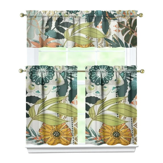 Tropical Floral Kitchen Curtains Set, 3 Piece Rod Pocket Tier and Valance Set, Exotic Floral Kitchen Window Curtains for Dining Rooms