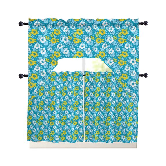 Tropical Floral Kitchen Curtains Set for Windows 3 Piece Cafe Curtains 36 Inch Length Swag Curtains Valances and Tier Set Summer Monstera Leaves Boho Watercolor Blue Drapes for Bedroom Bathroom