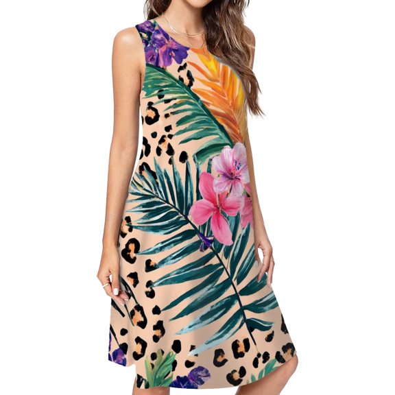 Tropical Floral Leopard Print Casual Sleeveless Loose Sundress Dress For Women Summer Dress Daily Woman