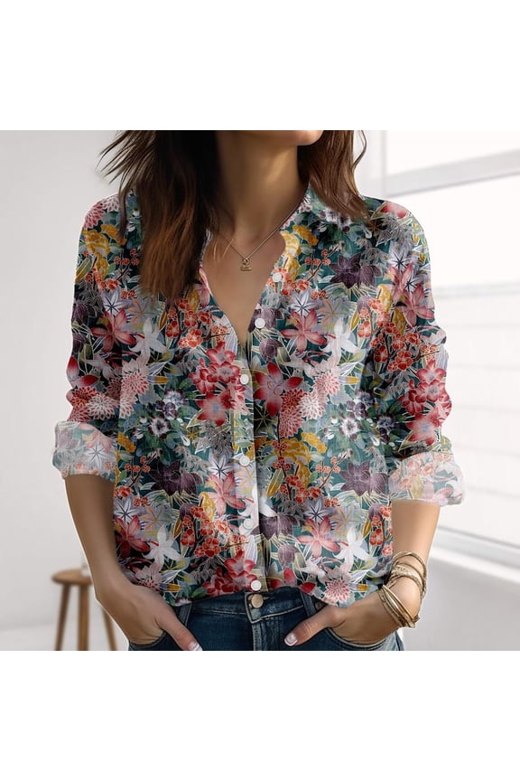 Tropical Floral Linen-Look Shirt, Botanical Garden Blouse Shirt, Nature Love Shirt for Women, Vintage Flowers Button Shirt, Summer Gift