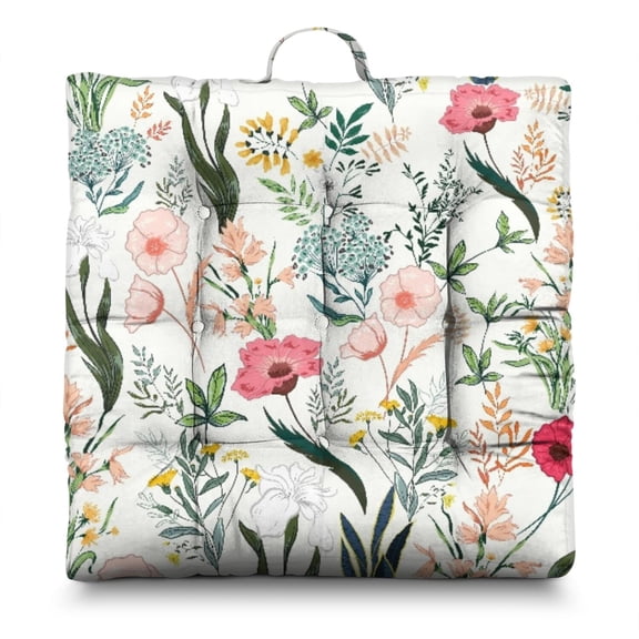 Tropical Floral Meditation Cushion - 9-Point Stitched Square Seat with Romantic Rose Pattern