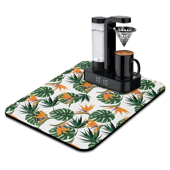 Tropical Floral Pattern Kitchen Mat, Absorbent Coffee Bar Drying Pad, Hawaiian Summer Style Diatom Mud Counter Mat