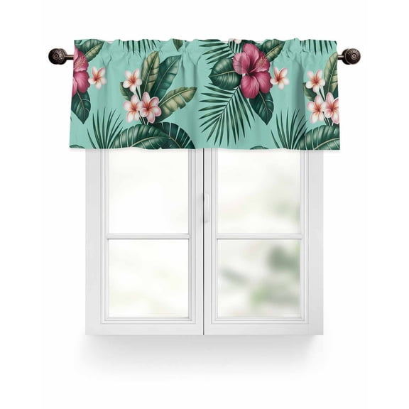 Tropical Floral Pattern Kitchen Valances for Windows Turquoise Monstera Leaf Flowers Valance Curtains for Kitchen /Living Room/Bedroom/ Bathroom Decor, 42"x12 " ,Rod Pocket 1 Panel,