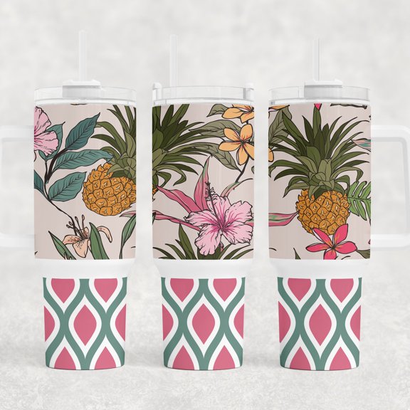 Tropical Floral Pineapple Pattern 40 oz 2 piece Tumbler Summer Tropics Pattern