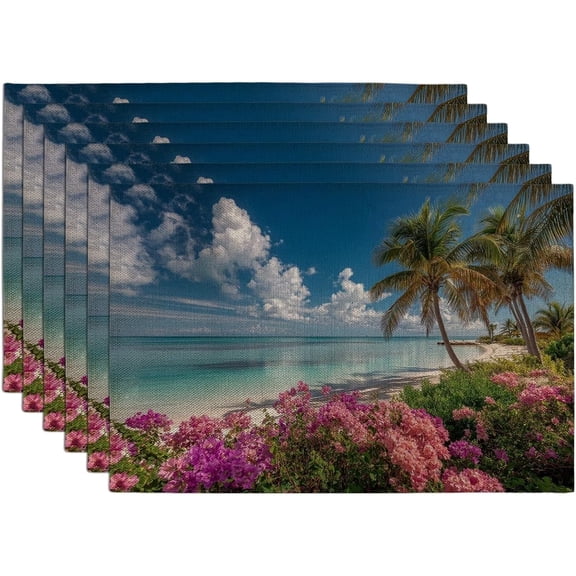 Tropical Floral Placemats, Peach Beach Garden Table Mats for Summer Dining, Non-Slip Washable Indoor Outdoor Decorative Place mats Set of 6