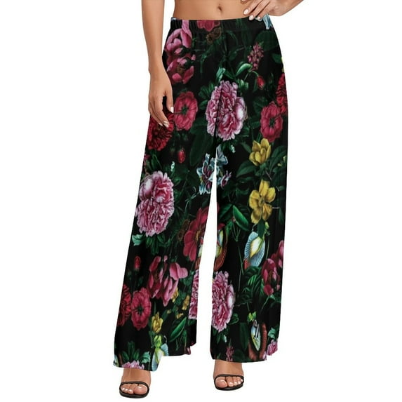 Tropical Floral Print Pants High Waist Hibiscus Blossom Casual Trousers Streetwear Print Wide Pants