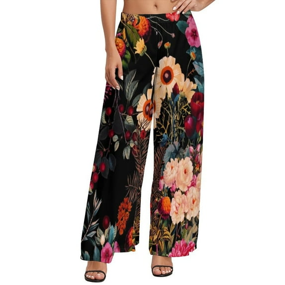 Tropical Floral Print Pants High Waist Hibiscus Blossom Casual Trousers Streetwear Print Wide Pants