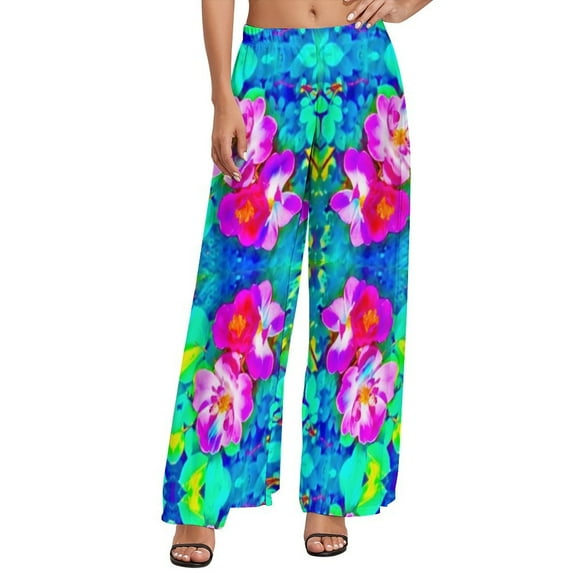 Tropical Floral Print Pants High Waist Hibiscus Blossom Casual Trousers Streetwear Print Wide Pants