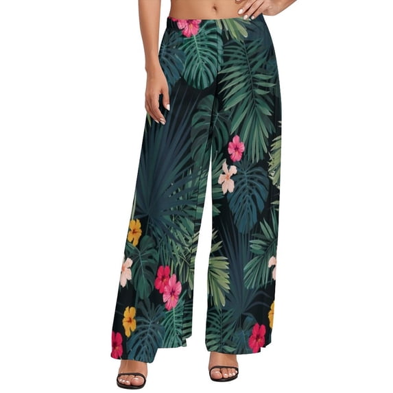Tropical Floral Print Pants High Waist Hibiscus Blossom Casual Trousers Streetwear Print Wide Pants