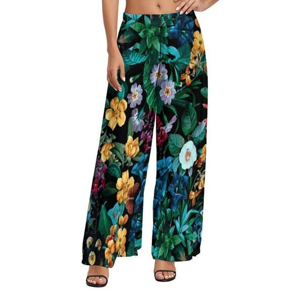 Tropical Floral Print Pants High Waist Hibiscus Blossom Casual Trousers Streetwear Print Wide Pants