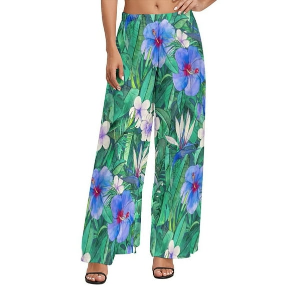 Tropical Floral Print Pants High Waist Hibiscus Blossom Casual Trousers Streetwear Print Wide Pants