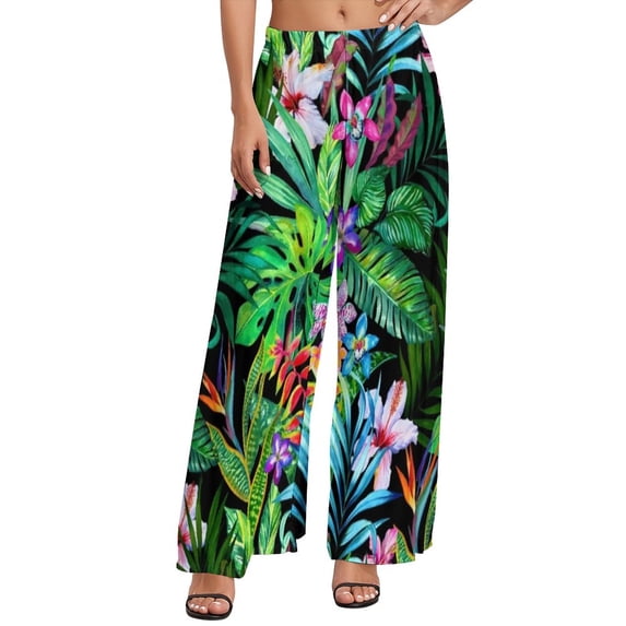 Tropical Floral Print Pants High Waist Hibiscus Blossom Casual Trousers Streetwear Print Wide Pants
