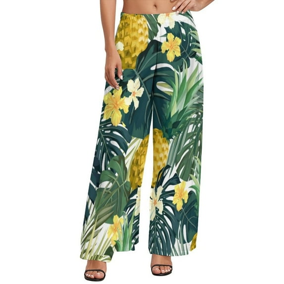 Tropical Floral Print Pants High Waist Hibiscus Blossom Casual Trousers Streetwear Print Wide Pants