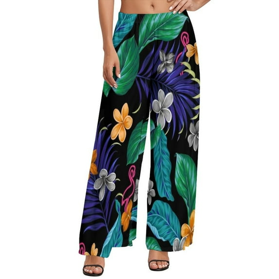 Tropical Floral Print Pants High Waist Hibiscus Blossom Casual Trousers Streetwear Print Wide Pants