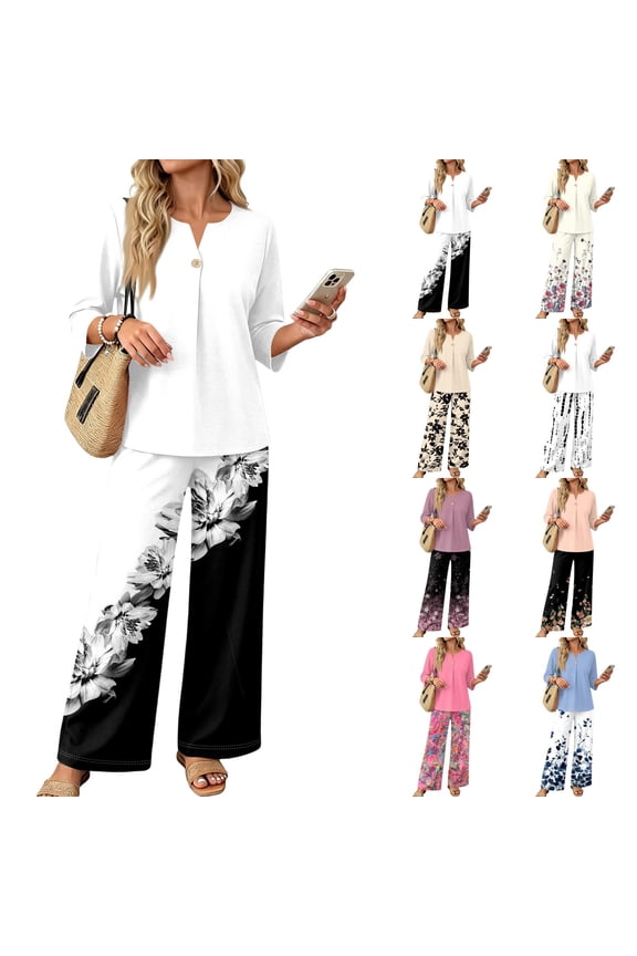 Tropical Floral Print Two Piece Set for Women, 3/4 Sleeve Button Down Top & Wide Leg Pants - Vacation Resort Wear Lounge Outfit with Straight Leg Trousers Beige XXXL