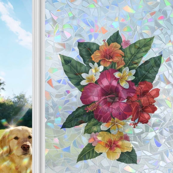 Tropical Floral Rainbow Window Privacy Film, Vintage Red Yellow Orange Hibiscus Floral Green Leaf Plant Stained Glass Window Film, Sun Blocking Static Cling Non Adhesive Stickers 19.6 x 39.3 Inches