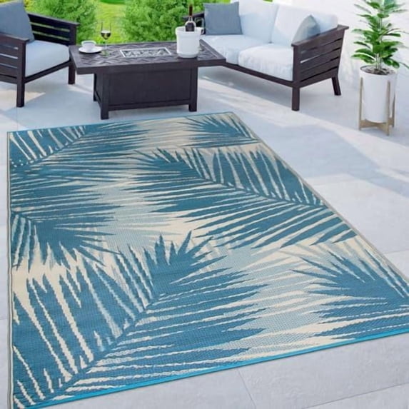 Tropical Floral Reversible Crease-Free Waterproof Premium Recycled Plastic Outdoor Rugs for Patio,Backyard,RV,Deck,Picnic,Trailer,Beach,Camping Blue 5' x 7'