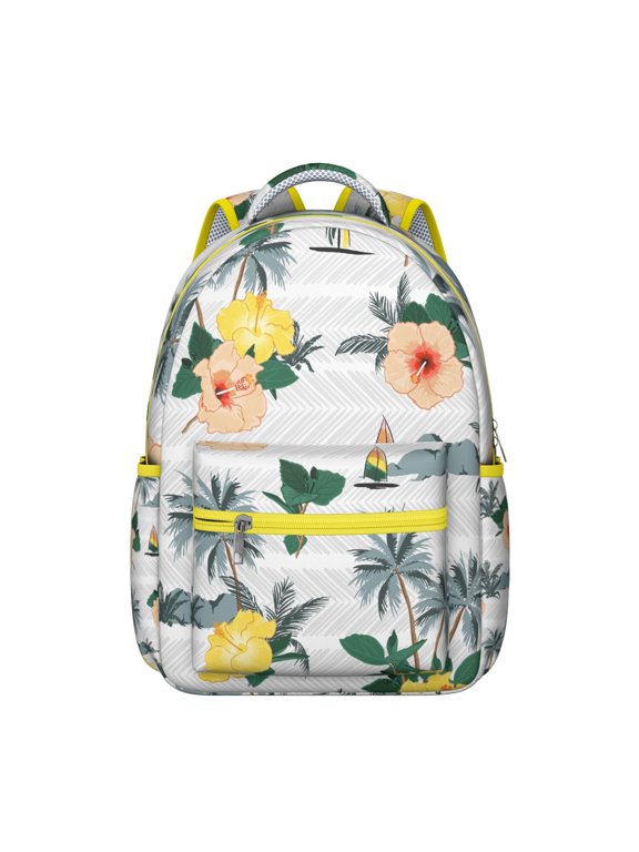 Tropical Floral School Backpack Jungle Leaves and Hawaiian Print Design Exotic Summer Beach Bag for Students