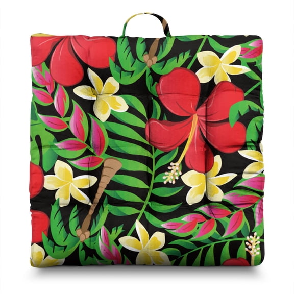 Tropical Floral Seat Cushion – 22x22 Inch Floor Pillow, Dutch Velvet, Hawaiian-Inspired Bougainvillea & Ferns (Vibrant & Fresh)
