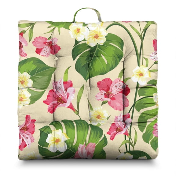 Tropical Floral Seat Cushion&nbsp;– 22x22 Inch Floor Pillow, Dutch Velvet, Hawaiian-Inspired Bougainvillea & Ferns (Vibrant & Fresh)