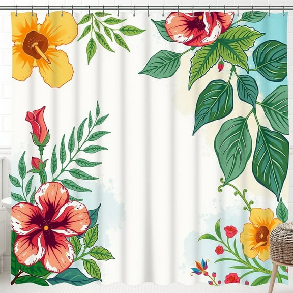 Tropical Floral Shower Curtain - Bright Yellow & Red Flowers on White