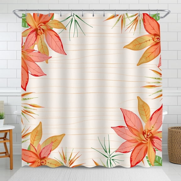 Tropical Floral Shower Curtain - Coral-Orange Flowers on Beige Wood-Grain Background Modern Bathroom Decor