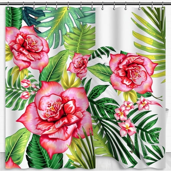 Tropical Floral Shower Curtain - White with Pink Flowers & Glossy Leaves