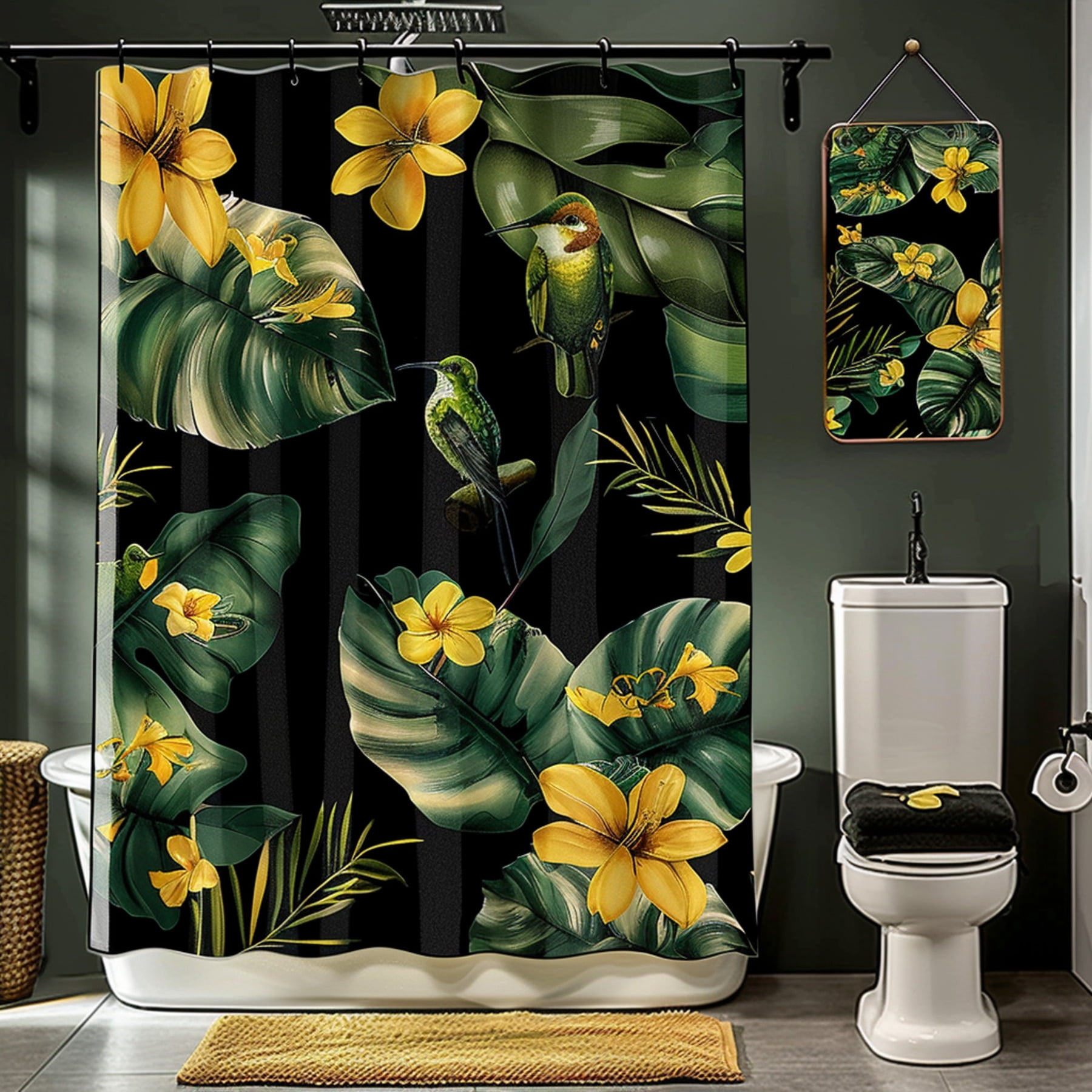 Tropical Floral Shower Curtain with Hummingbirds and Green Leaves Black ...