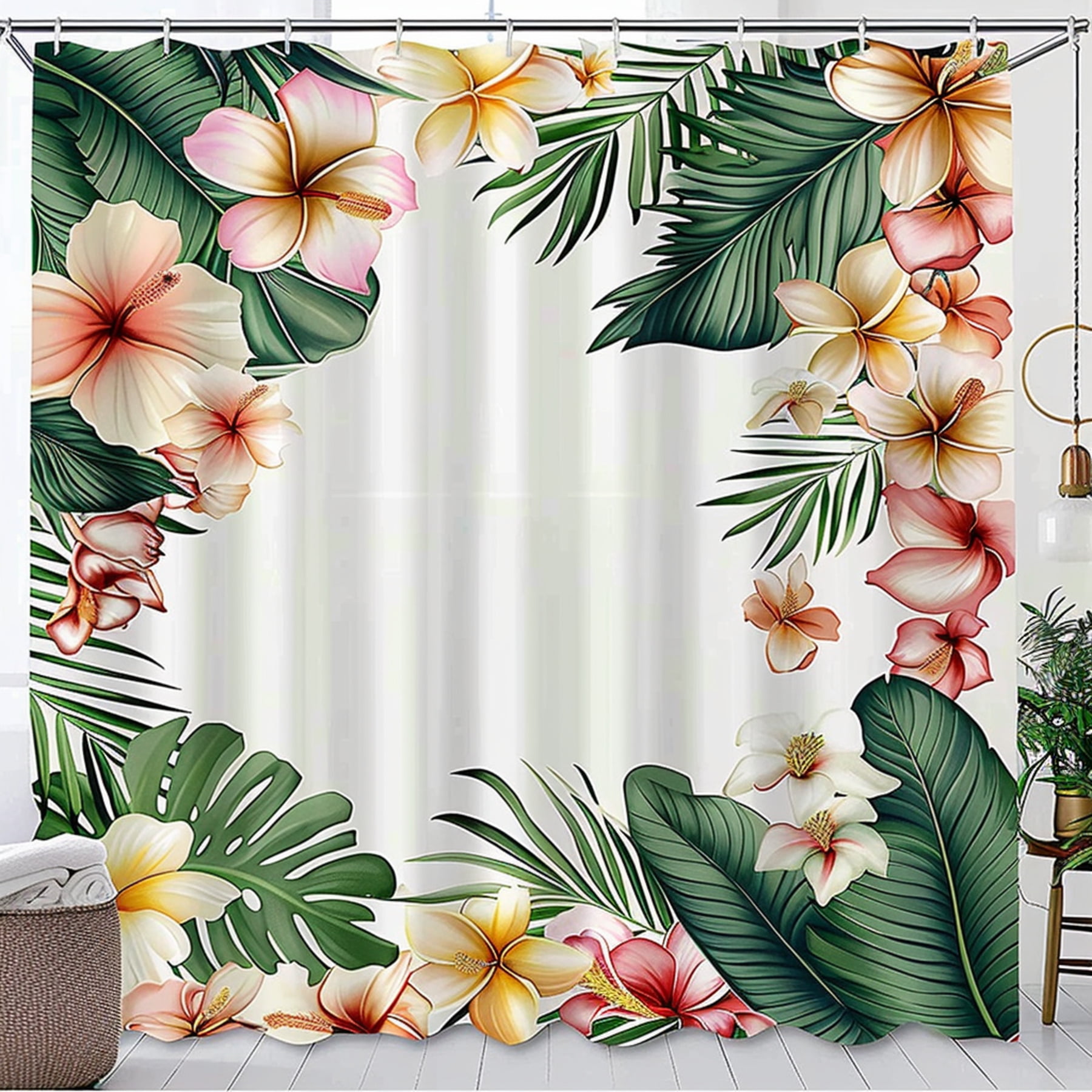 Tropical Floral Shower Curtain with Jungle Leaf Border White Bathroom ...