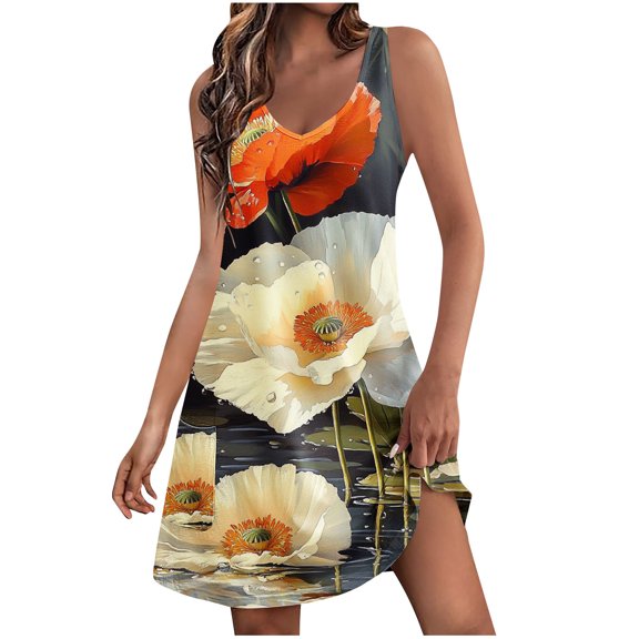 Tropical Floral Sundress for Women Summer Vacation Sleeveless A Line Casual Tank Beach Dress