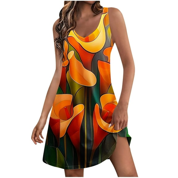 Tropical Floral Sundress for Women Summer Vacation Sleeveless A Line Casual Tank Beach Dress