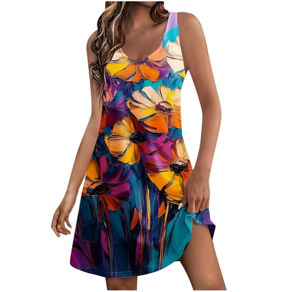 Tropical Floral Sundress for Women Summer Vacation Sleeveless A Line Casual Tank Beach Dress