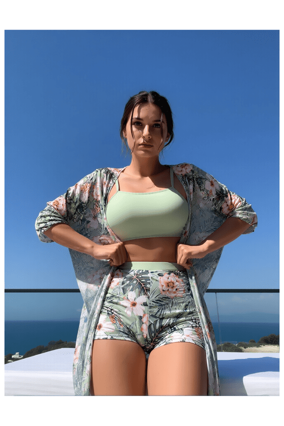 Tropical Floral Swimsuit Cover Up - Women's Mint Green Kimono & Crop Top Shorts Set - Beach Pool Vacation Outfit - Sheer Lightweight 3 Piece