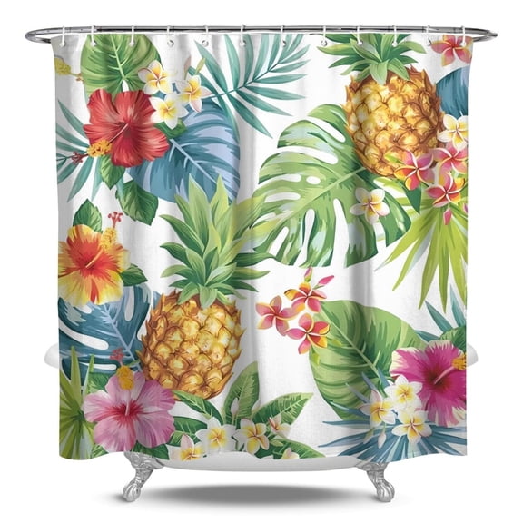 Tropical Floral Waterproof Shower Curtain with Hooks, Hawaiian Print and Jungle Leaves, Machine Washable Fabric, Perfect for Summer Beach and Resort Bathrooms