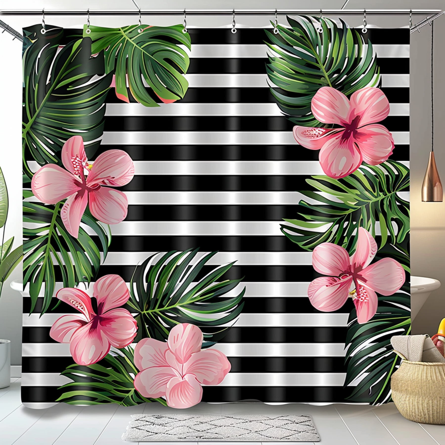 Tropical Floral and Monstera Leaf Shower Curtain with Black and White
