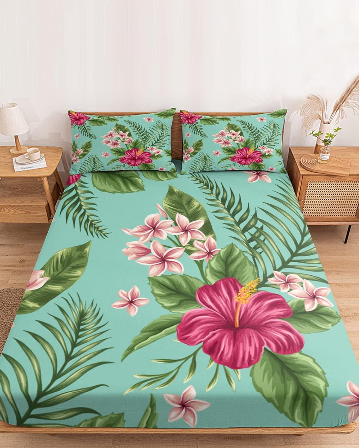Tropical Flower Blossoms Hibiscus Green Leaf Fitted Sheet Set for King