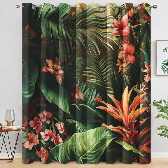Tropical Flower Curtains for Living Room - Jungle Leaf Curtains Blackout, Plant Rainforest Bedroom Decor, Thermal Insulated Grommet Drapes 53"W x 96"L (Pack of 2)