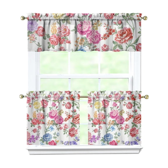 Tropical Flower Kitchen Curtains 3 Piece Set - Watercolor Leaf Design Tier Curtains with Valance