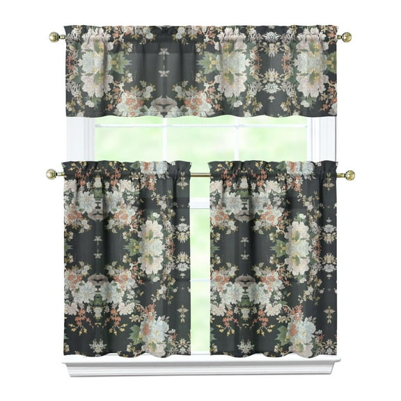 Tropical Flower Kitchen Curtains Set with Valance and Tier Panels Boho Style