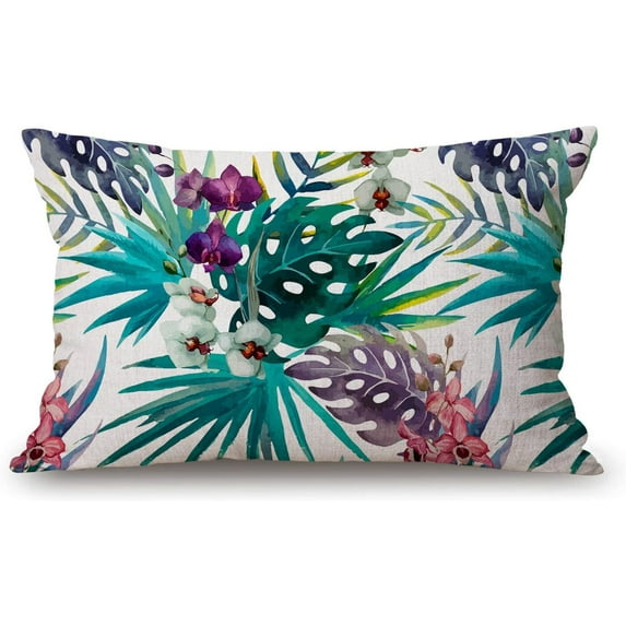 Tropical Flower Leaves Cotton Linen Throw Lumbar Pillow Case Cushion Cover Home Office Decorative Rectangle 12 X 20 Inches