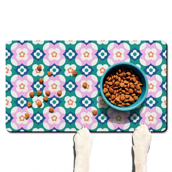 Tropical Flower Pet Feeding Mat - Non-Slip Dog Food Mat with Leaves Design, Absorbent 4-Layer Core