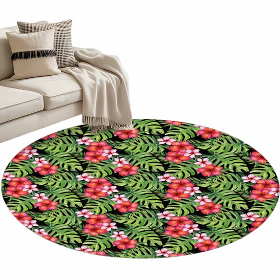 Tropical Flower Round Rug 3.3ft Area Rug Washable Soft Non-Slip 3.3' Circle Low Pile Rugs Green Palm Leaves Pastoral Plant Summer Carpet for Bedroom Living Room Entryway Home Office Dining Room