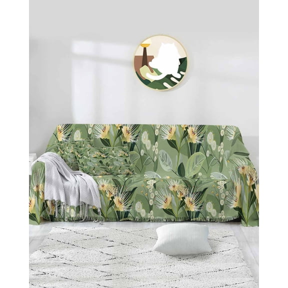 Tropical Flower Sofa Covers for 3 Cushion,Washable Couch Cover for Sectional Sofa Slipcovers with Tassel,Green Palm Leaves Botanical Spring Summer Loveseat Covers Futon Cover Throw Blanket 71x118