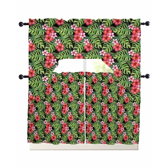 Tropical Flower Swag Kitchen Curtains Sets for Windows 24 Inch Length, Green Palm Leaves Pastoral Plant Summer Short Window Curtain Panels Swags Valances and Tiers 3 Piece Set for Cafe/Dining Room